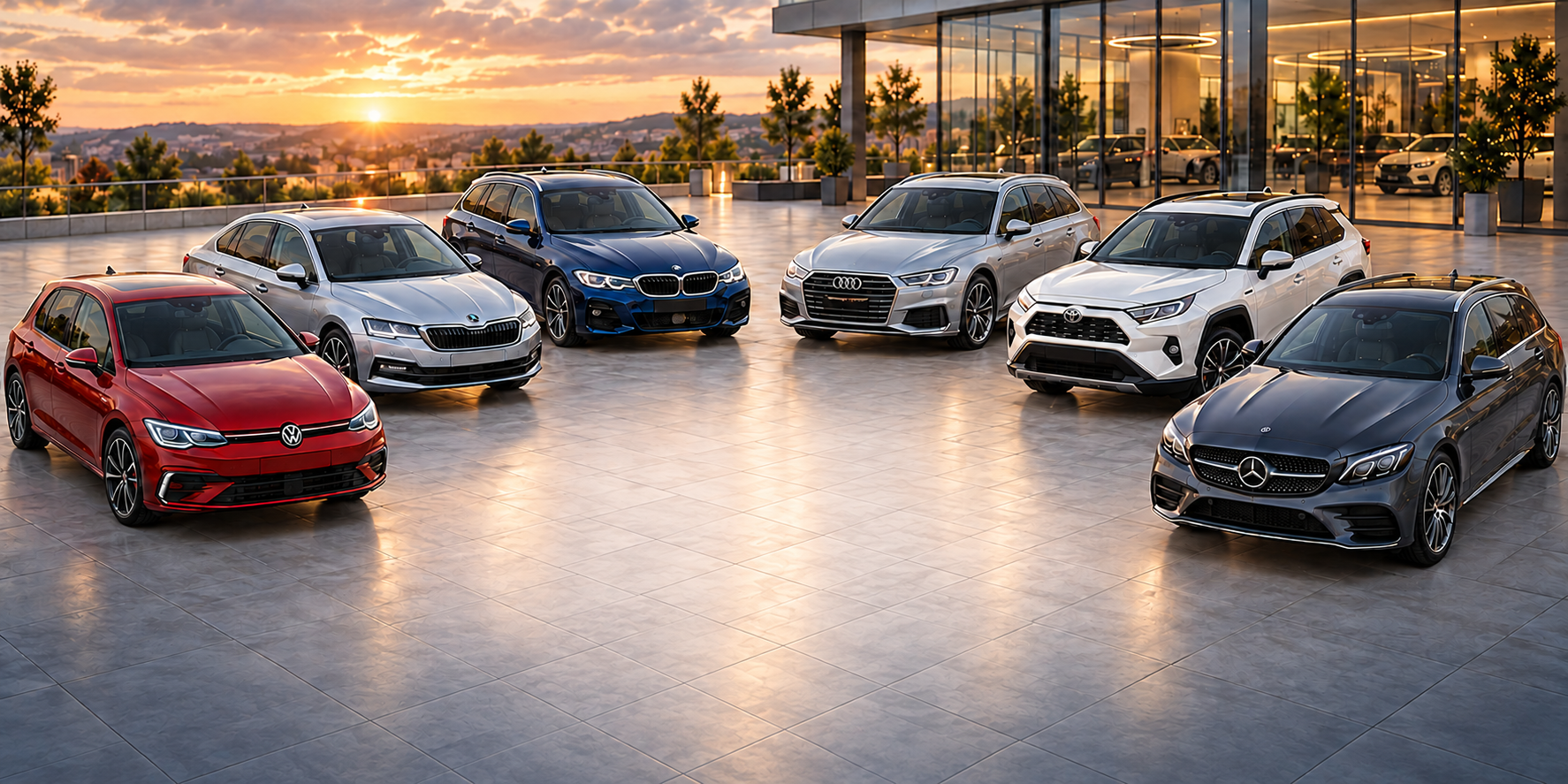 Strona główna Volkswagen, Škoda, BMW, Audi, Toyota i Mercedes ustawione w półokręgu